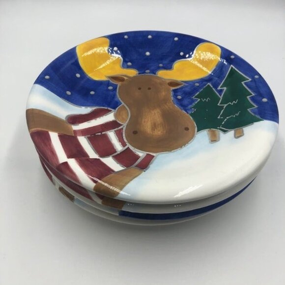 Vintage St. Nicholas Square Ceramic Set of 4 Plates 1999 Reindeer Christmas - Picture 7 of 11